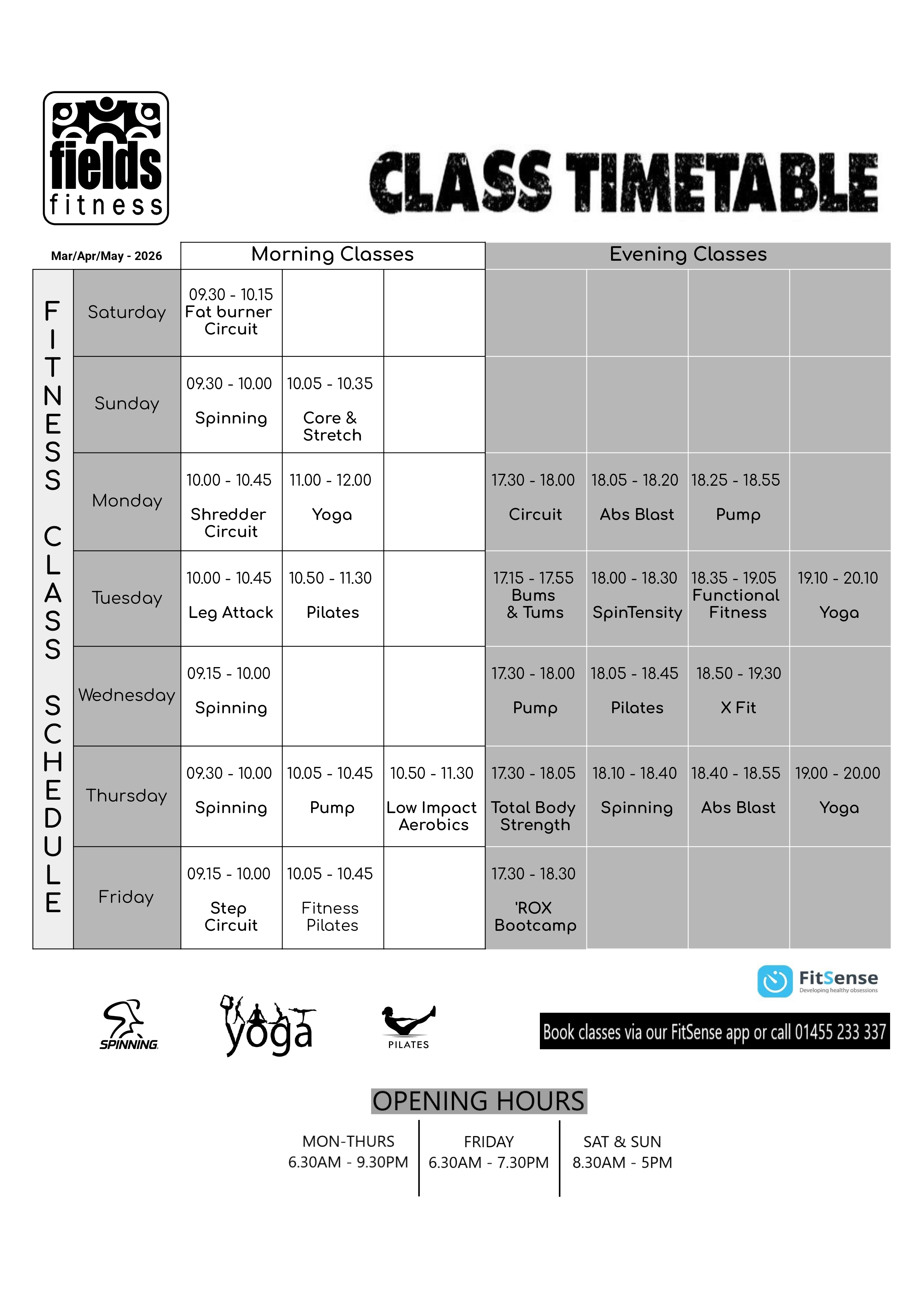 Fields Fitness Class Timetable