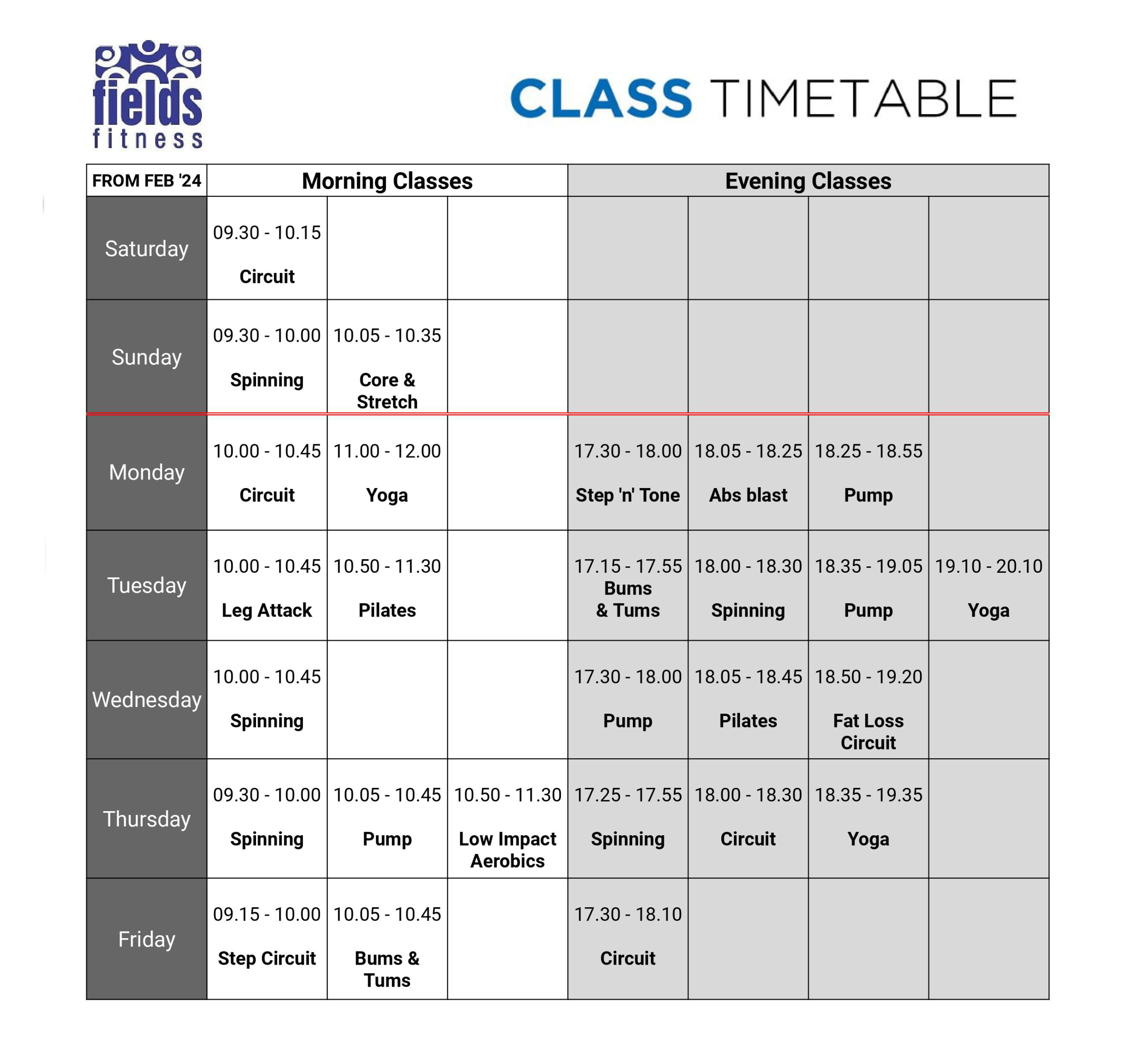 Fields Fitness Class Timetable